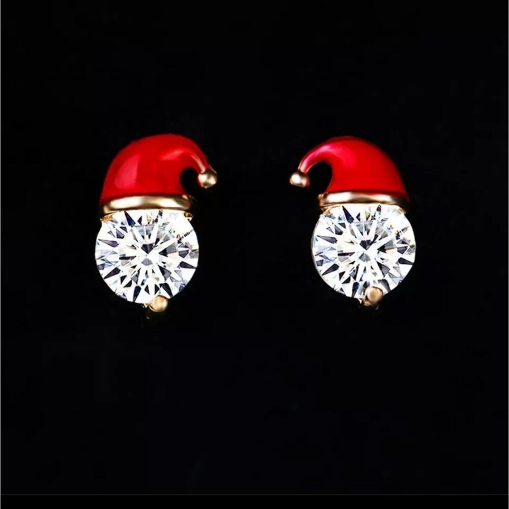 Santa hat earrings; crystal face and enamel red hat, festive Christmas earrings